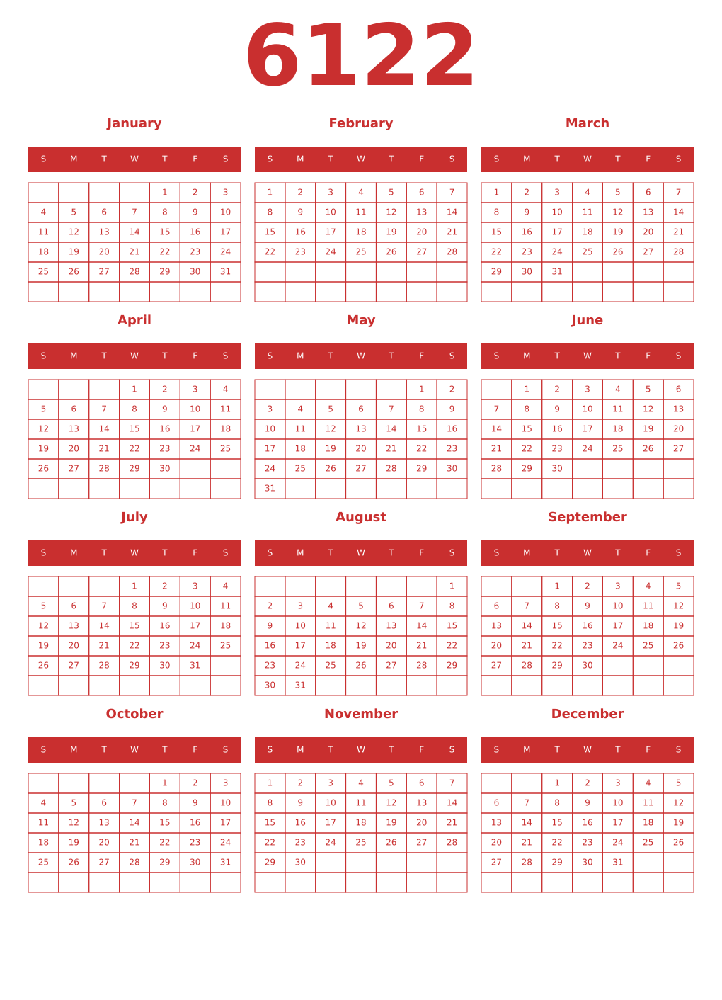 Printable 6122 Year Calendars red