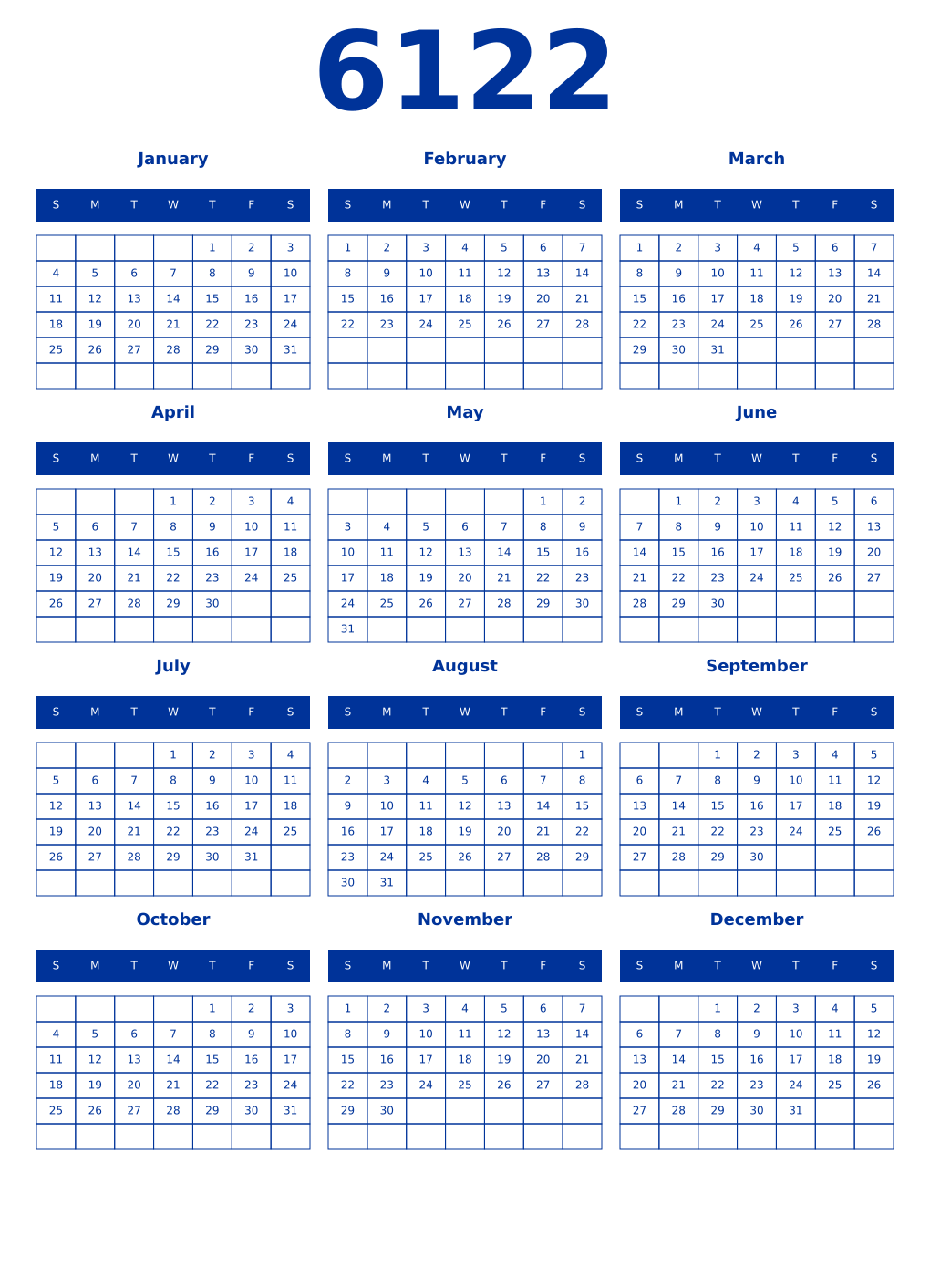 Printable 6122 Year Calendars smalt