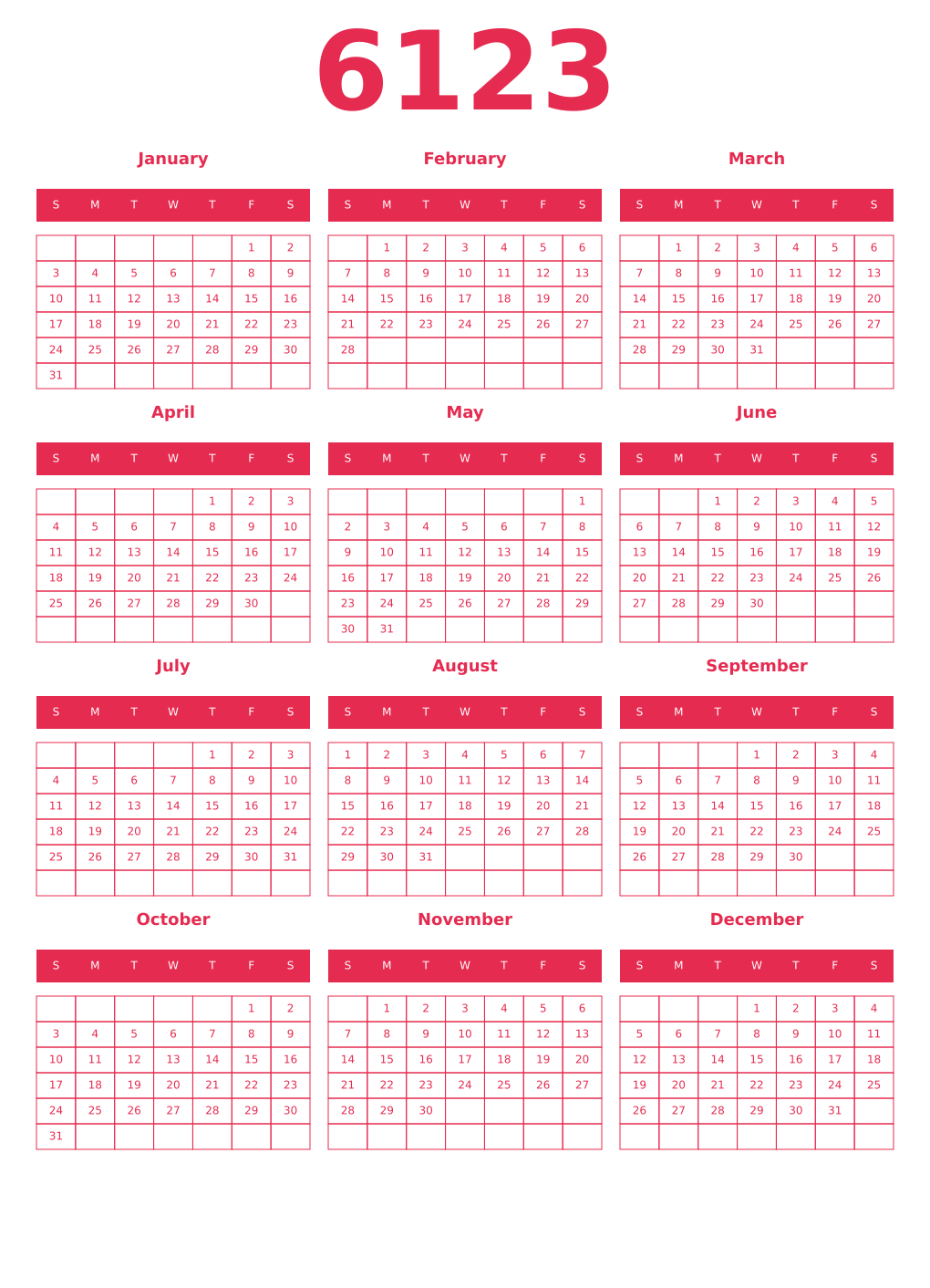 Printable 6123 Year Calendars amaranth