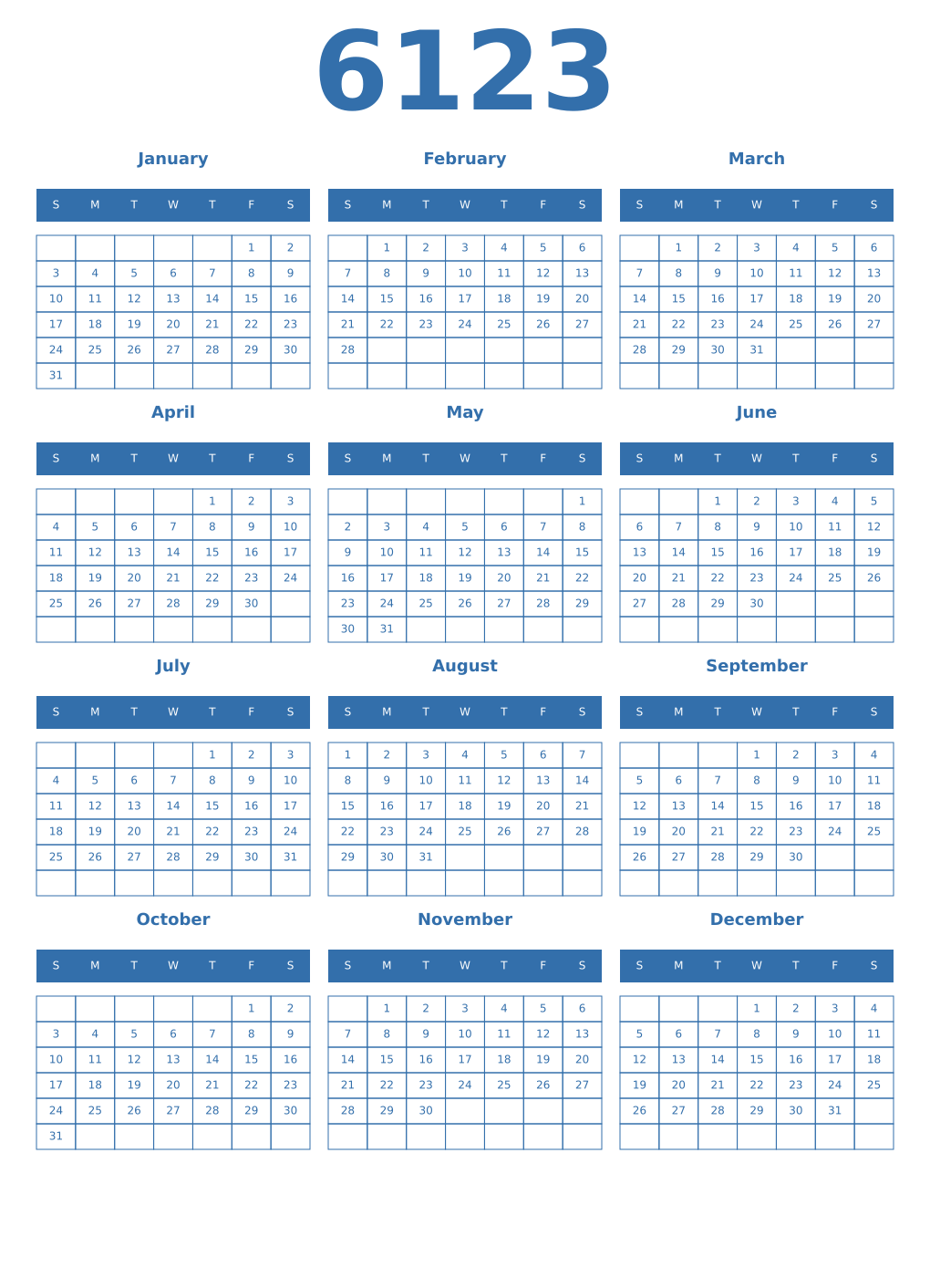 Printable 6123 Year Calendars blue