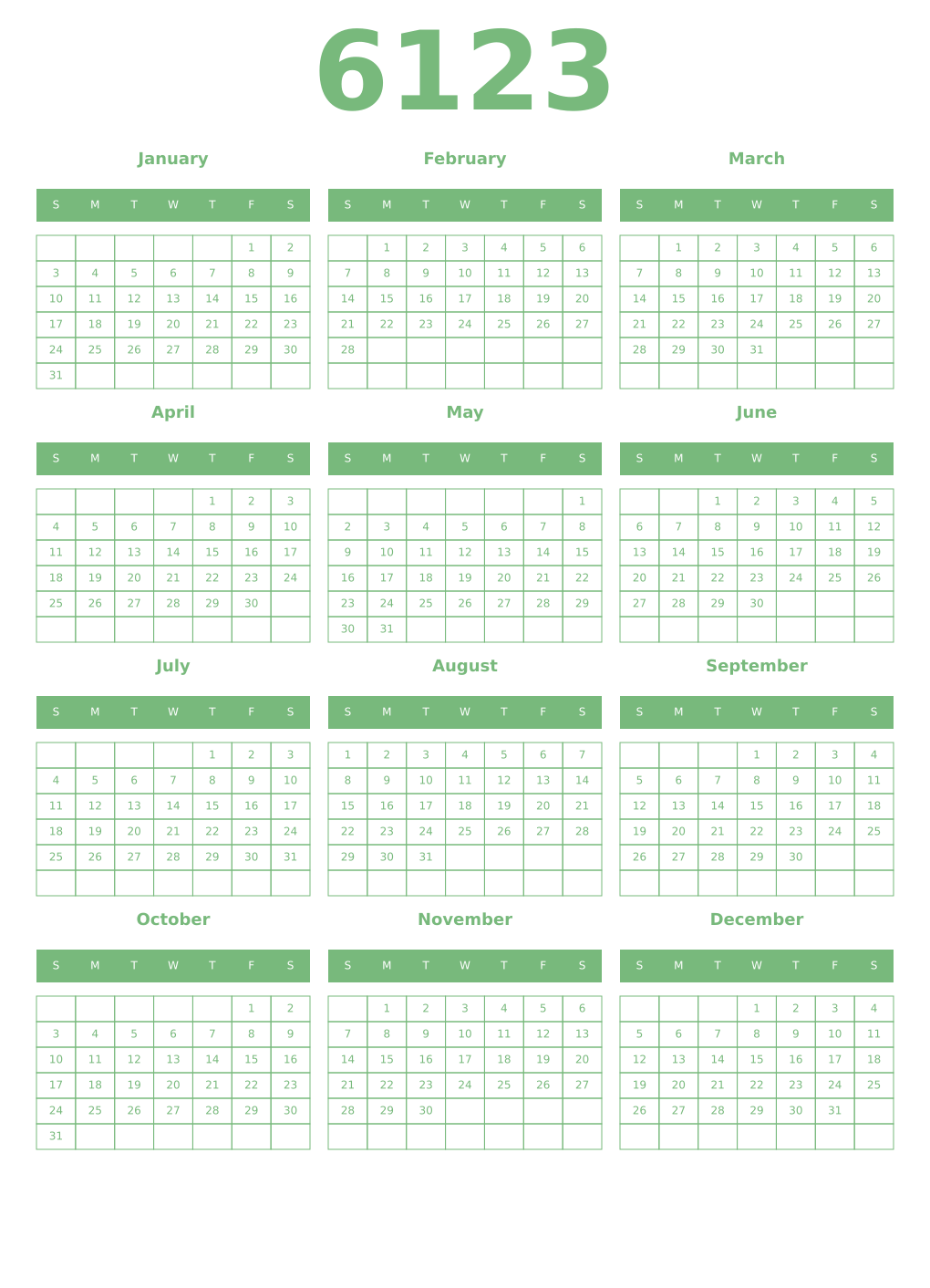 Printable 6123 Year Calendars celadon