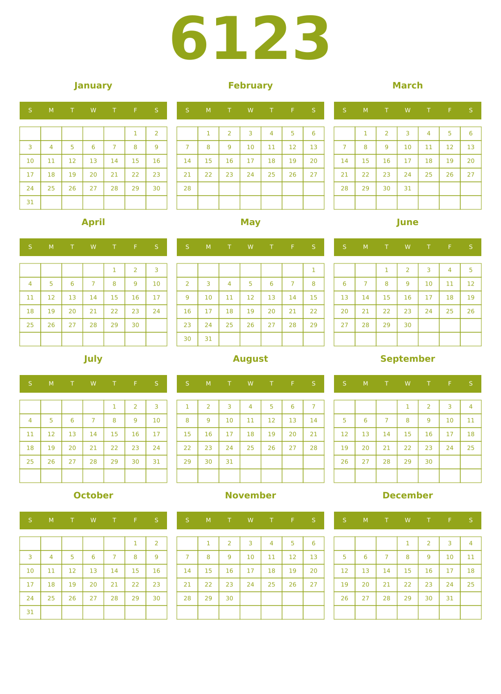 Printable 6123 Year Calendars chartreuse