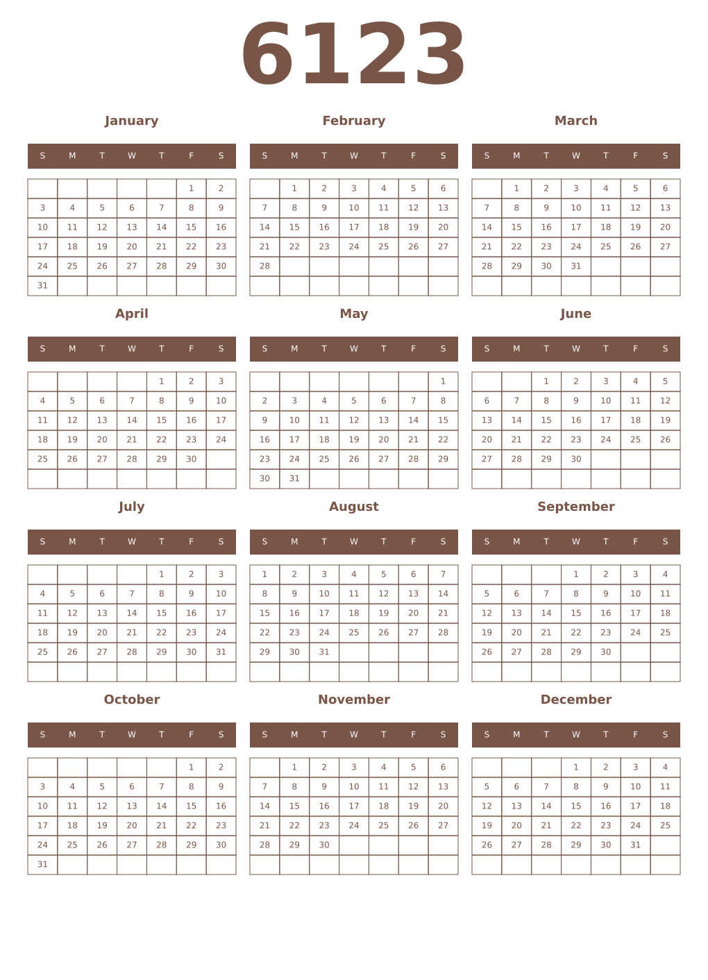 Printable 6123 Year Calendars coffe