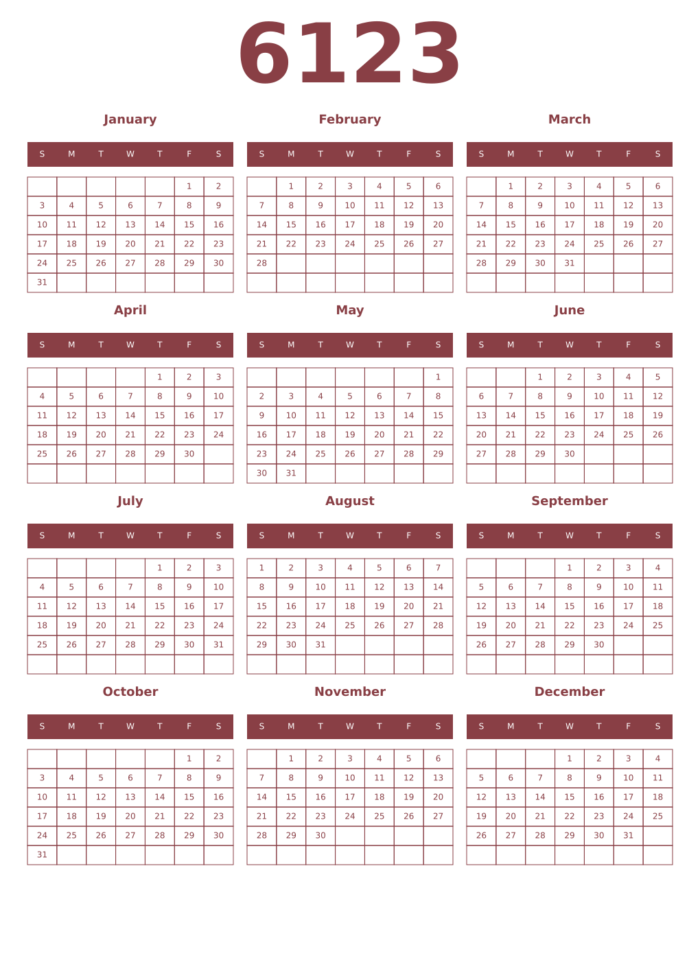 Printable 6123 Year Calendars cordovan