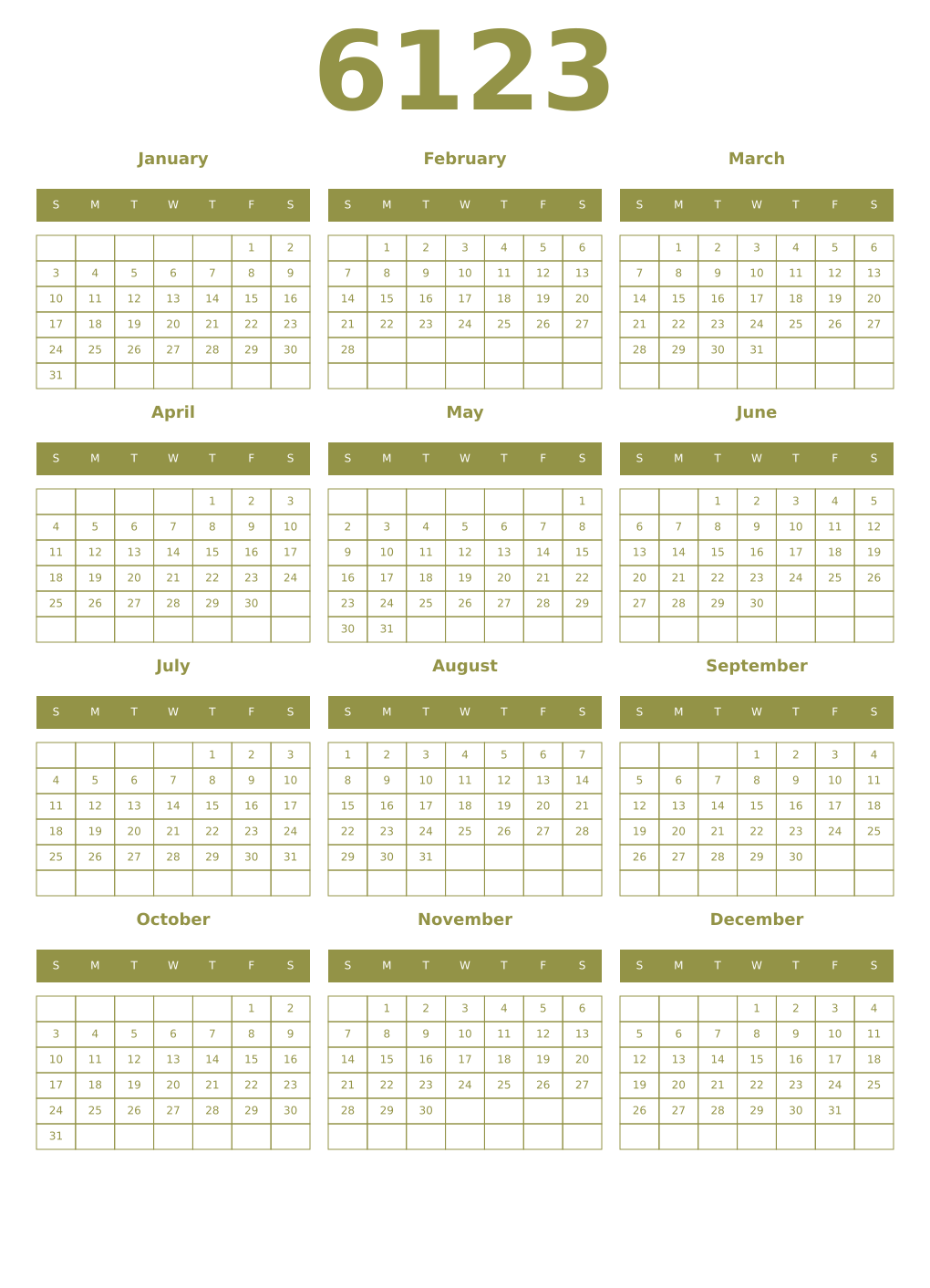 Printable 6123 Year Calendars eburnean