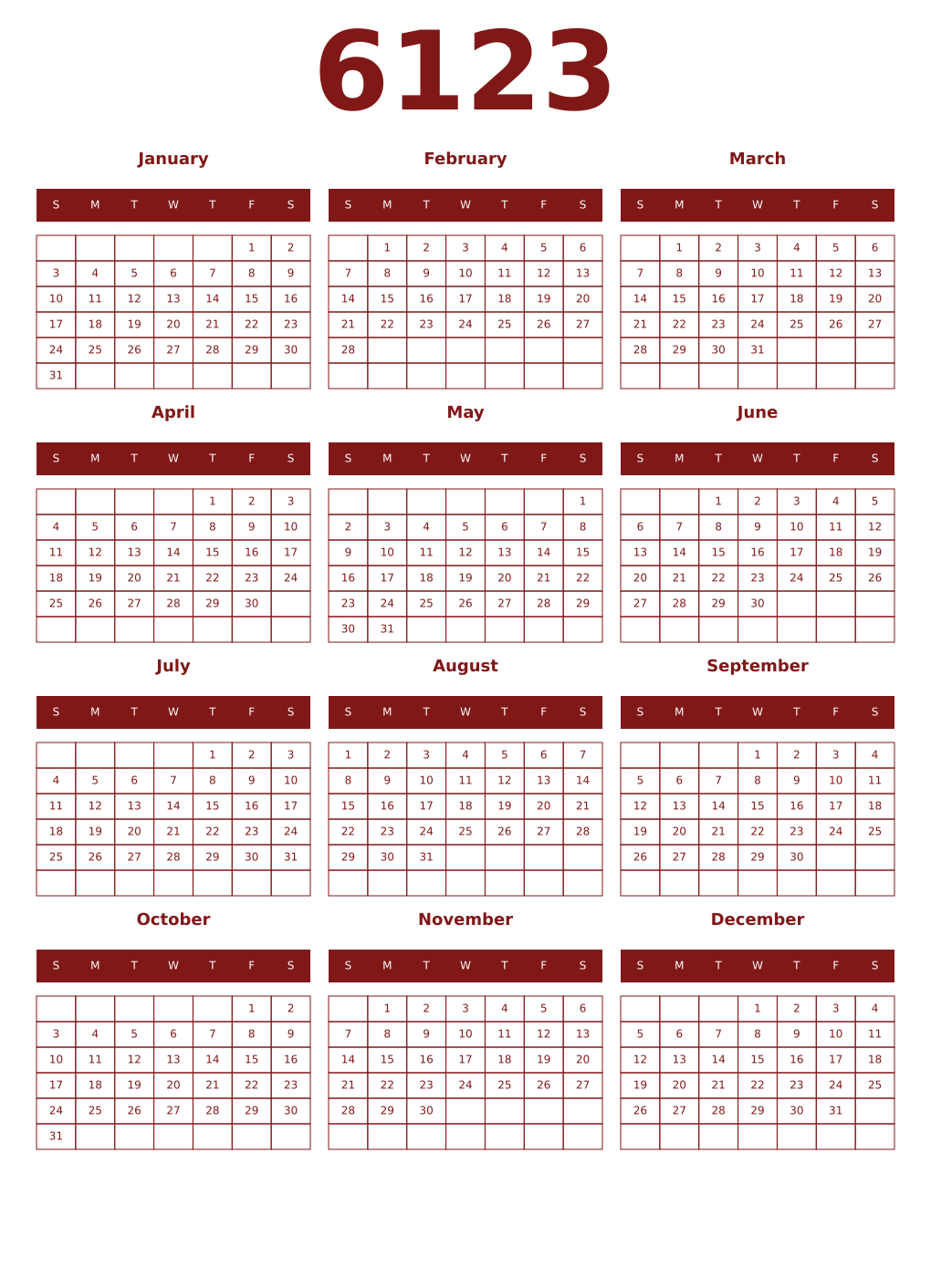 Printable 6123 Year Calendars falu