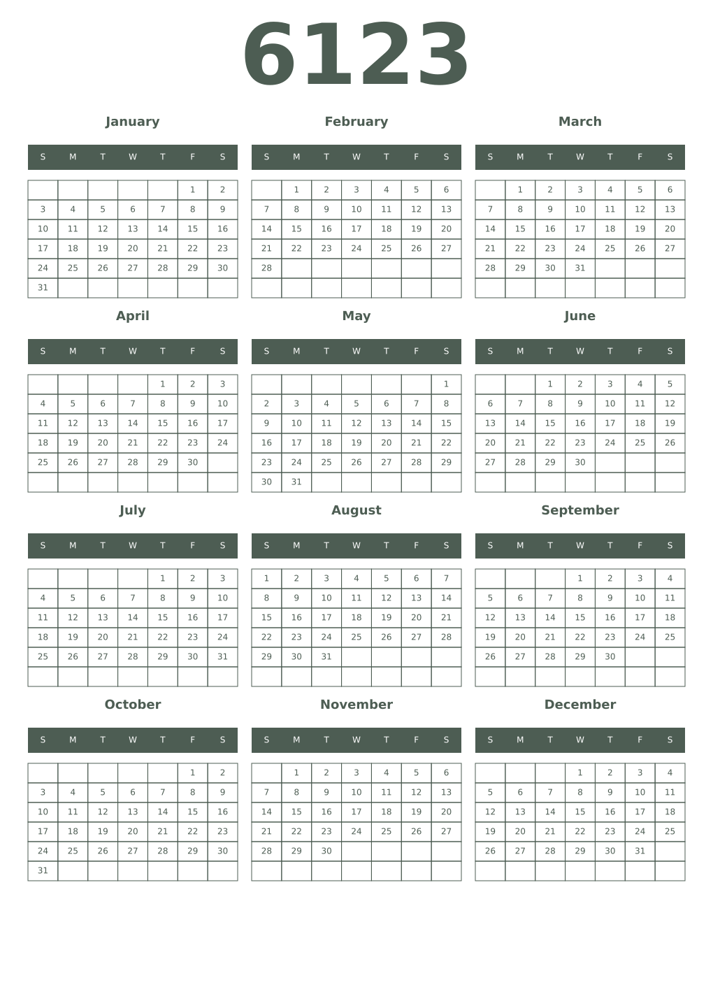 Printable 6123 Year Calendars feldgrau