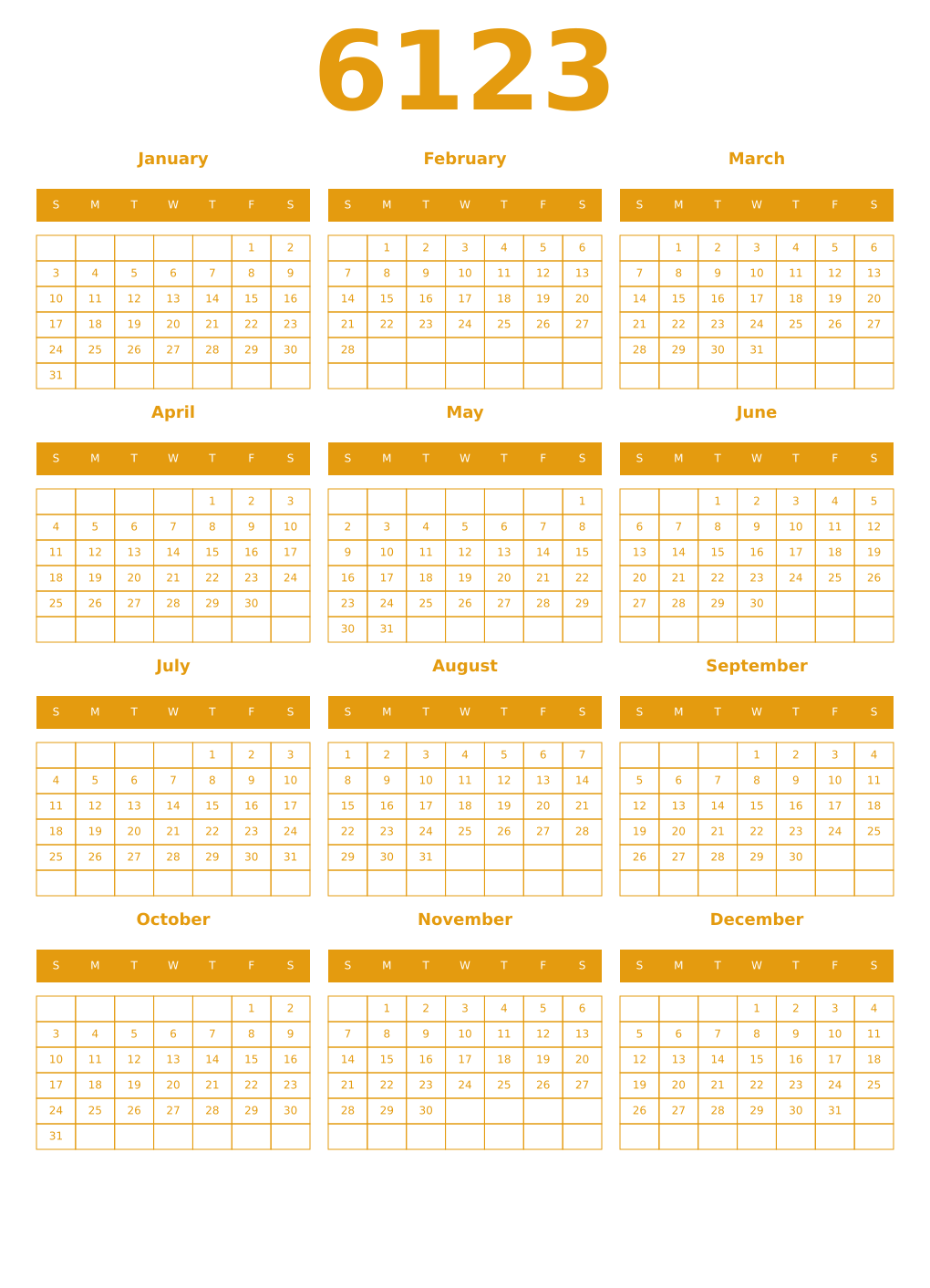 Printable 6123 Year Calendars gamboge