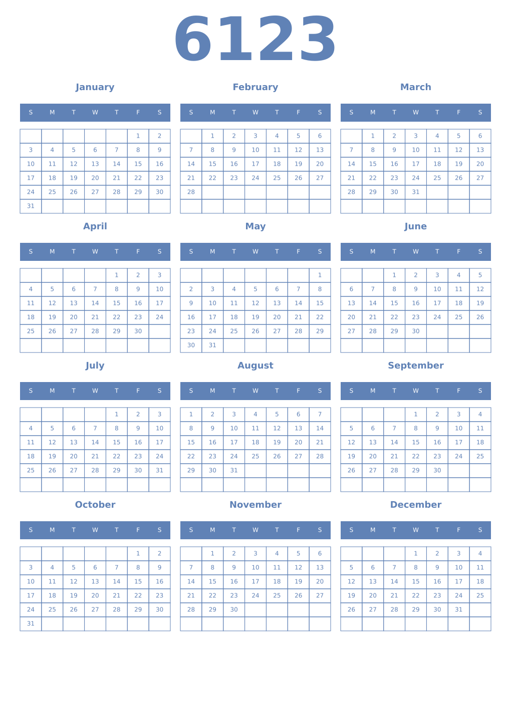 Printable 6123 Year Calendars glaucous