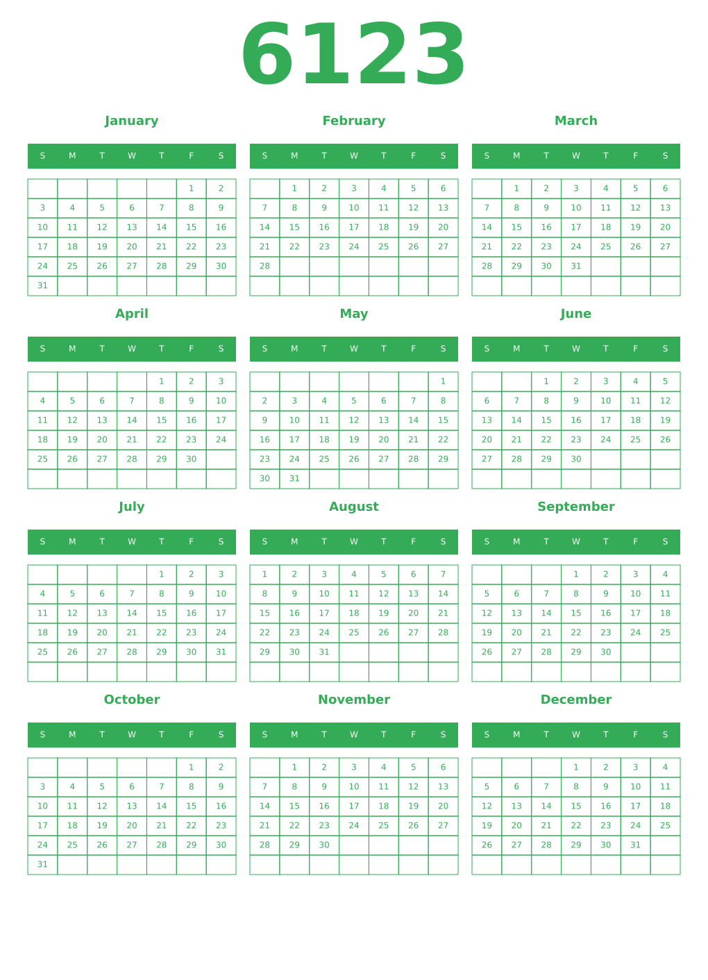 Printable 6123 Year Calendars green