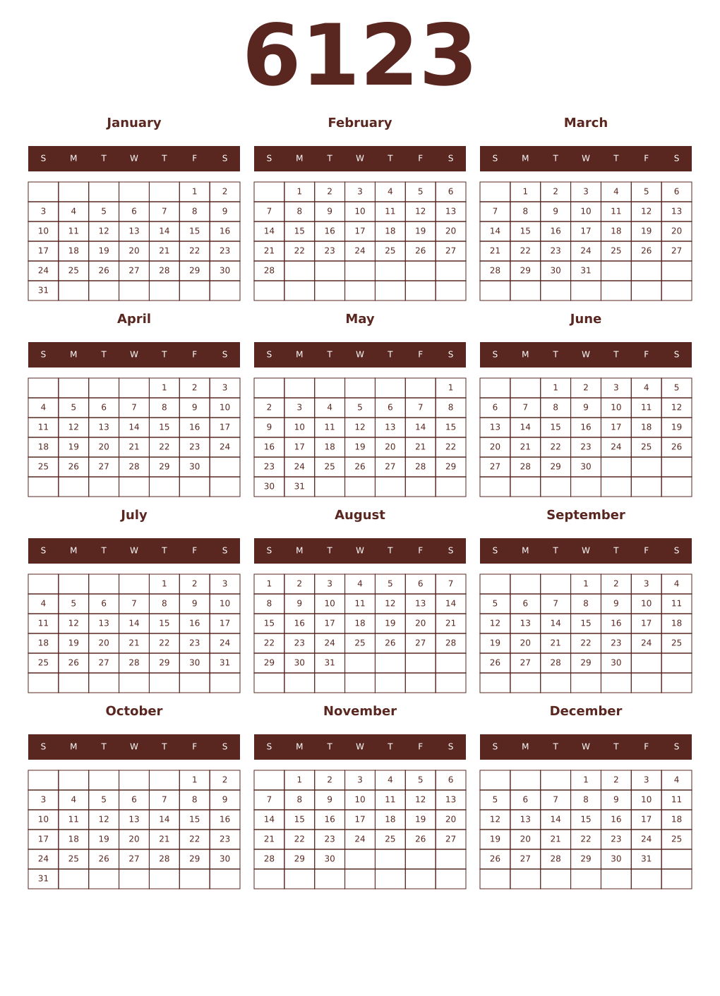 Printable 6123 Year Calendars mortuum