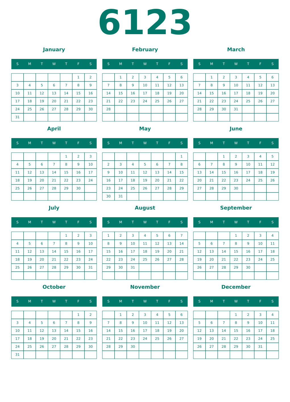 Printable 6123 Year Calendars pastel