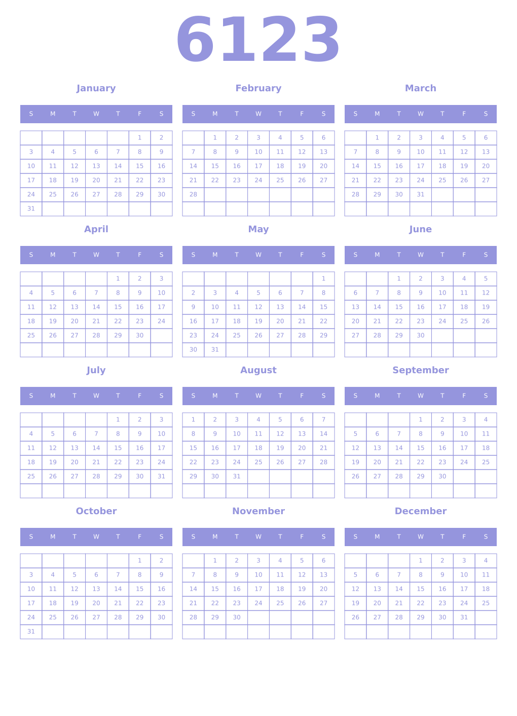 Printable 6123 Year Calendars periwinkle
