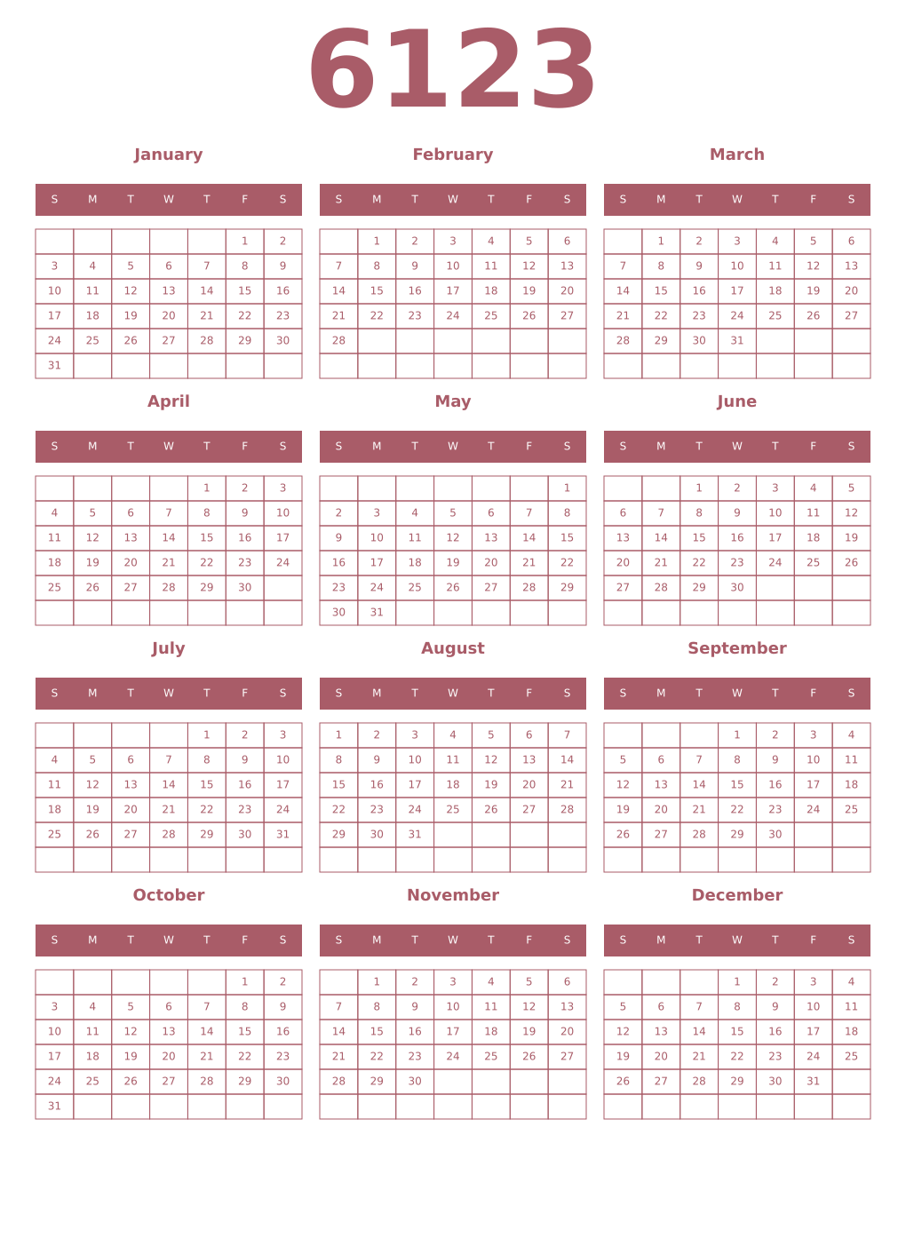 Printable 6123 Year Calendars puce