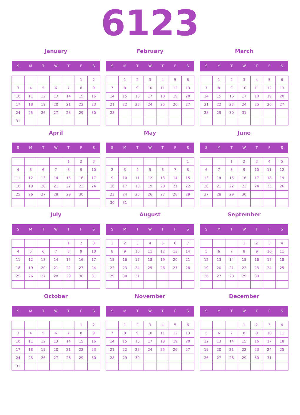 Printable 6123 Year Calendars purple