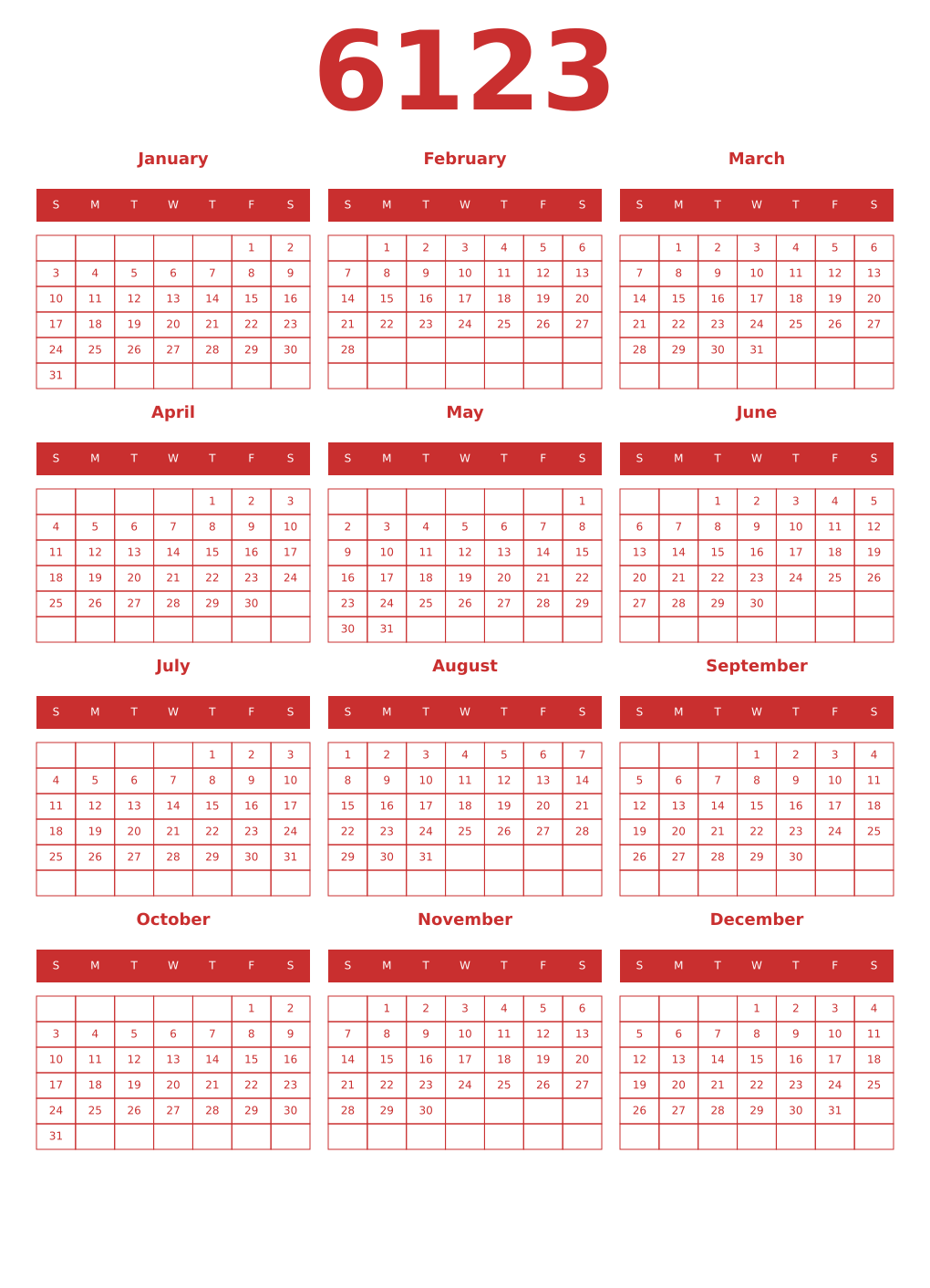 Printable 6123 Year Calendars red