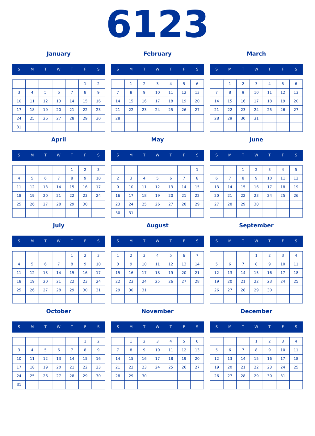 Printable 6123 Year Calendars smalt