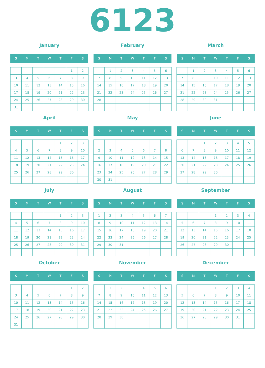 Printable 6123 Year Calendars verdigris