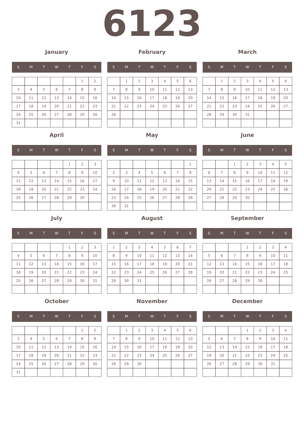 Printable 6123 Year Calendars wenge