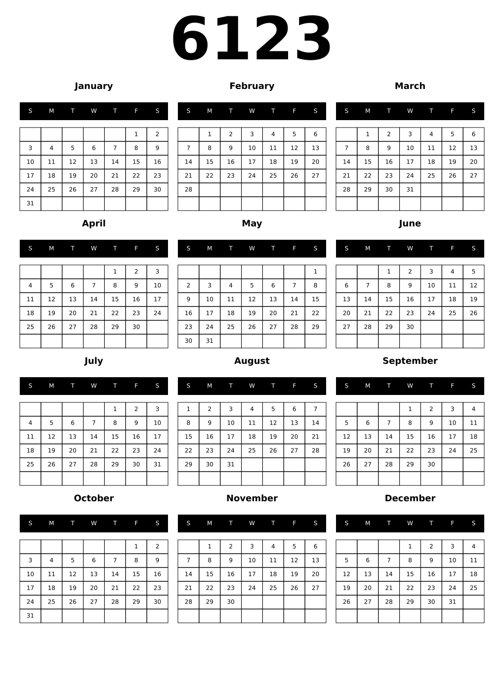 Printable 6123 Calendars