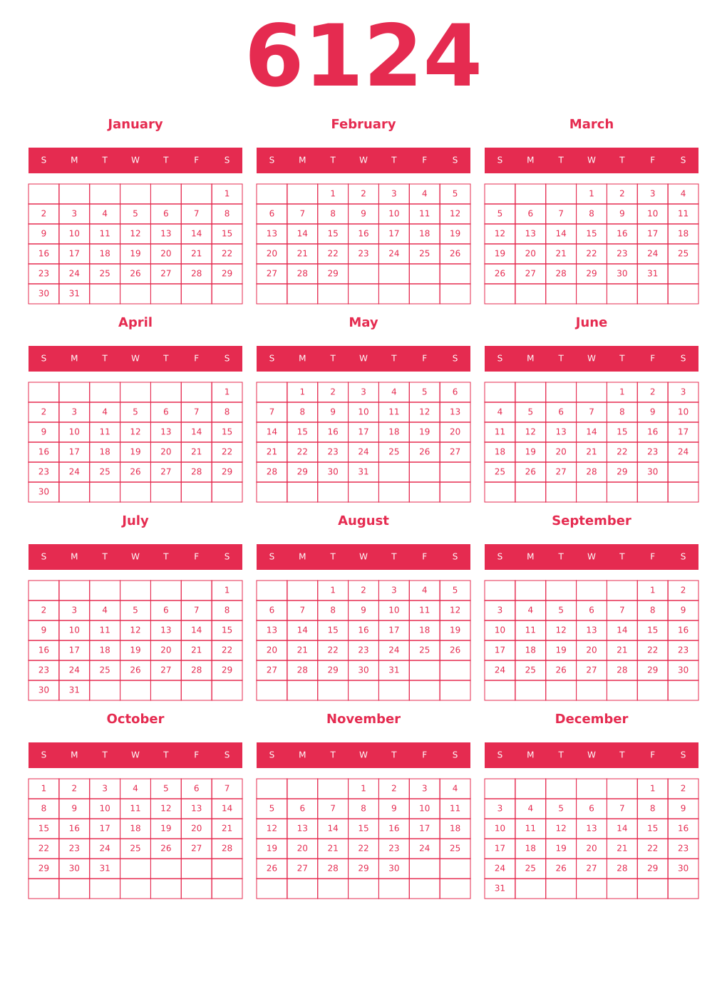 Printable 6124 Year Calendars amaranth