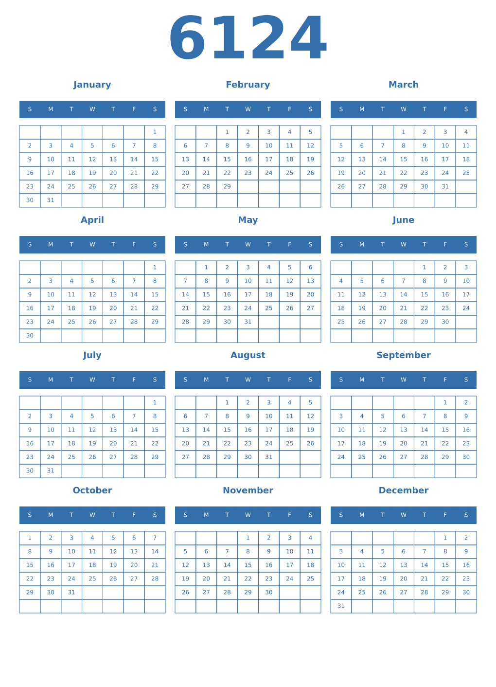 Printable 6124 Year Calendars blue