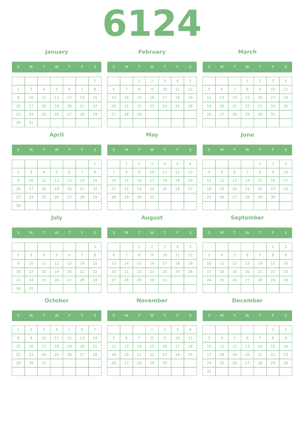 Printable 6124 Year Calendars celadon