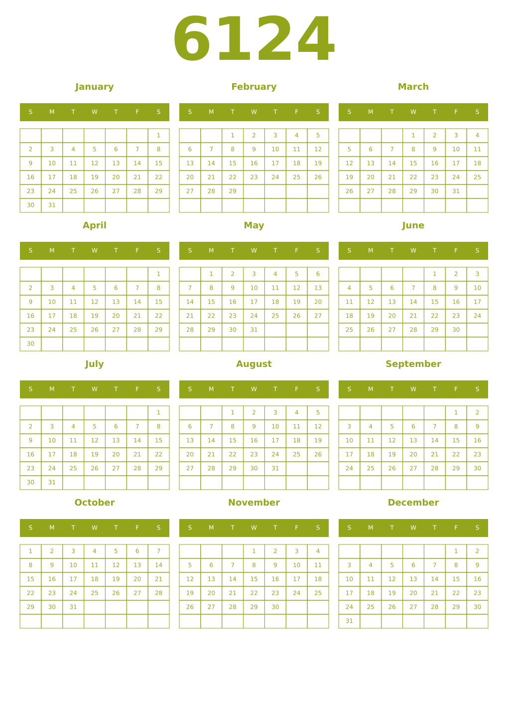 Printable 6124 Year Calendars chartreuse