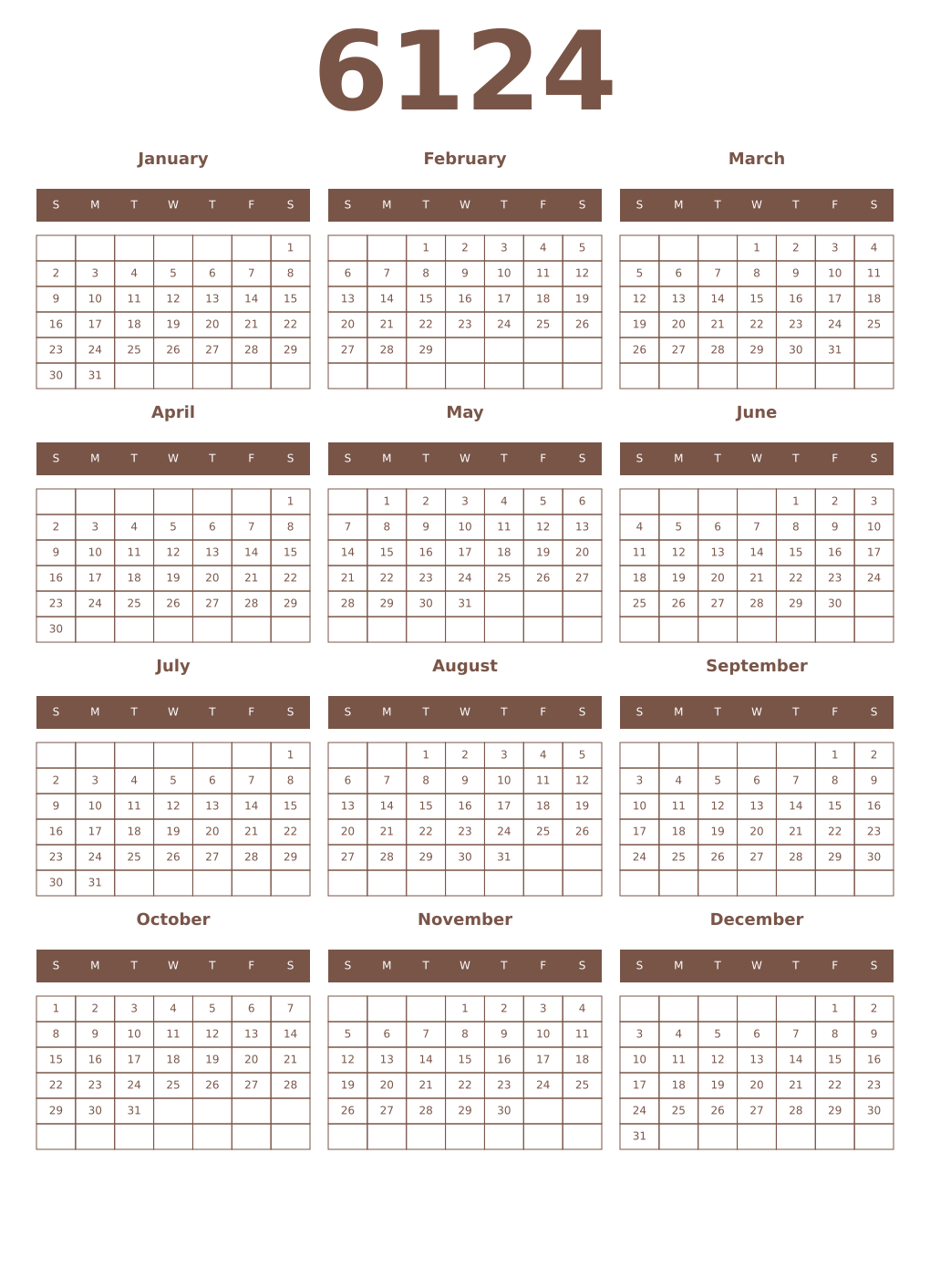 Printable 6124 Year Calendars coffe