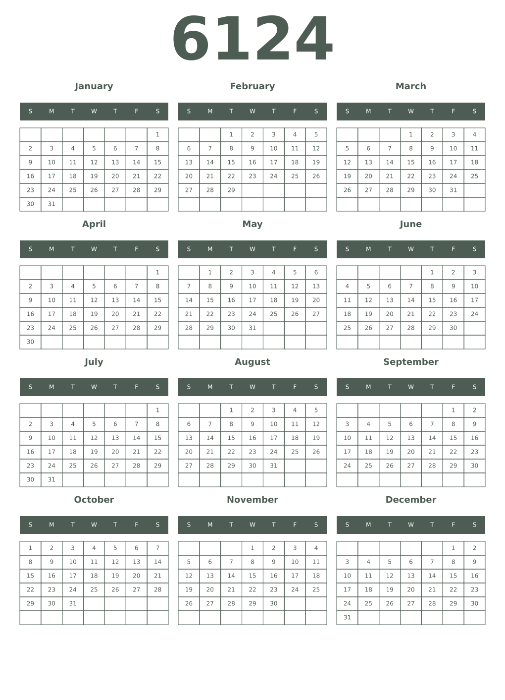 Printable 6124 Year Calendars feldgrau