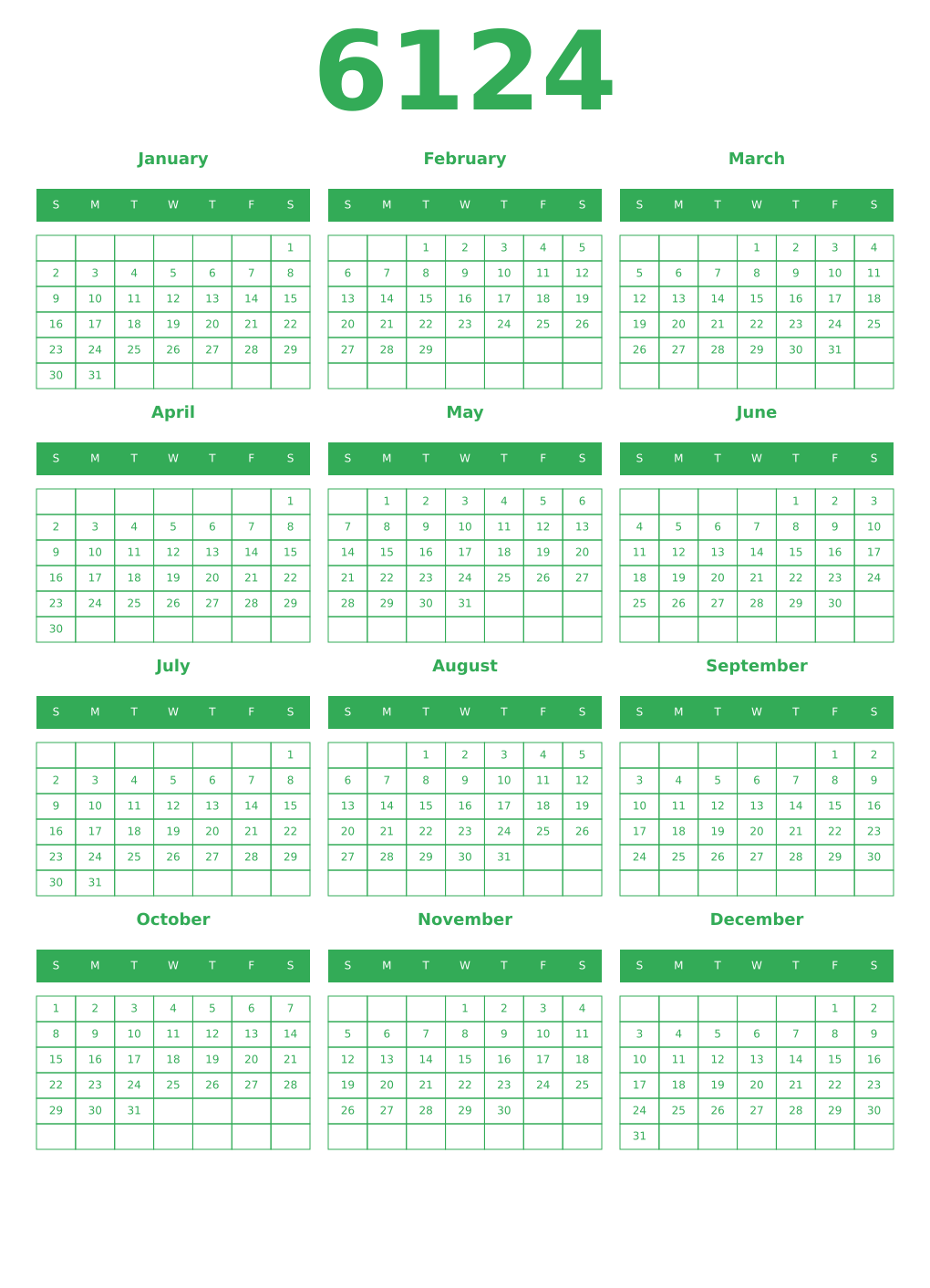 Printable 6124 Year Calendars green
