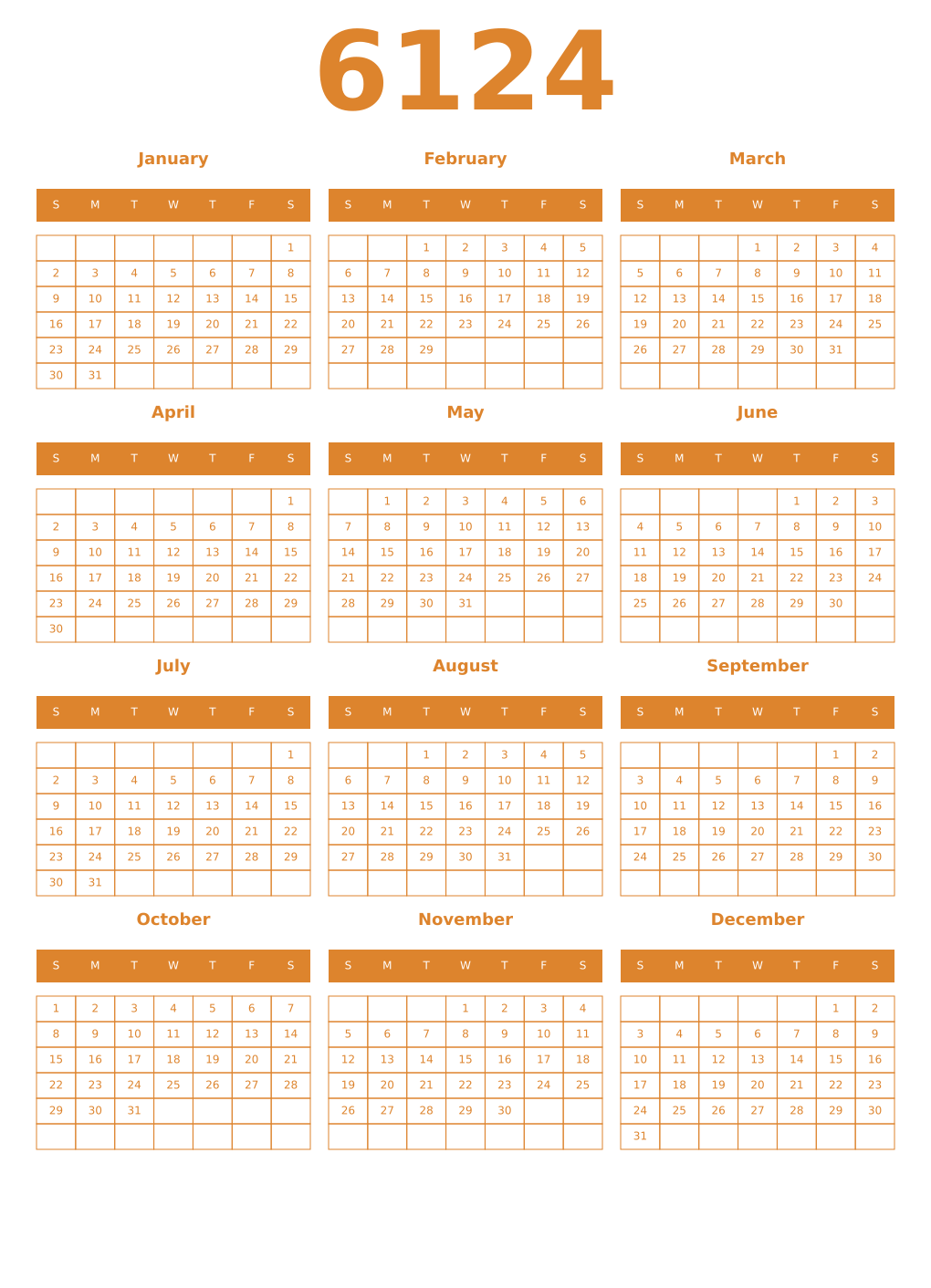 Printable 6124 Year Calendars orange