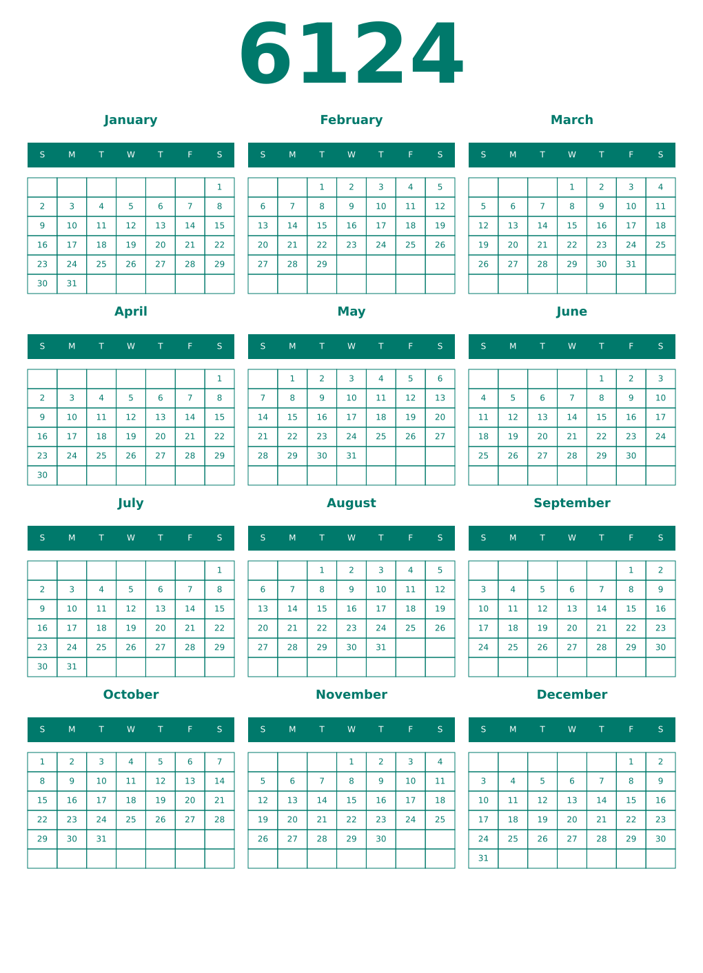 Printable 6124 Year Calendars pastel