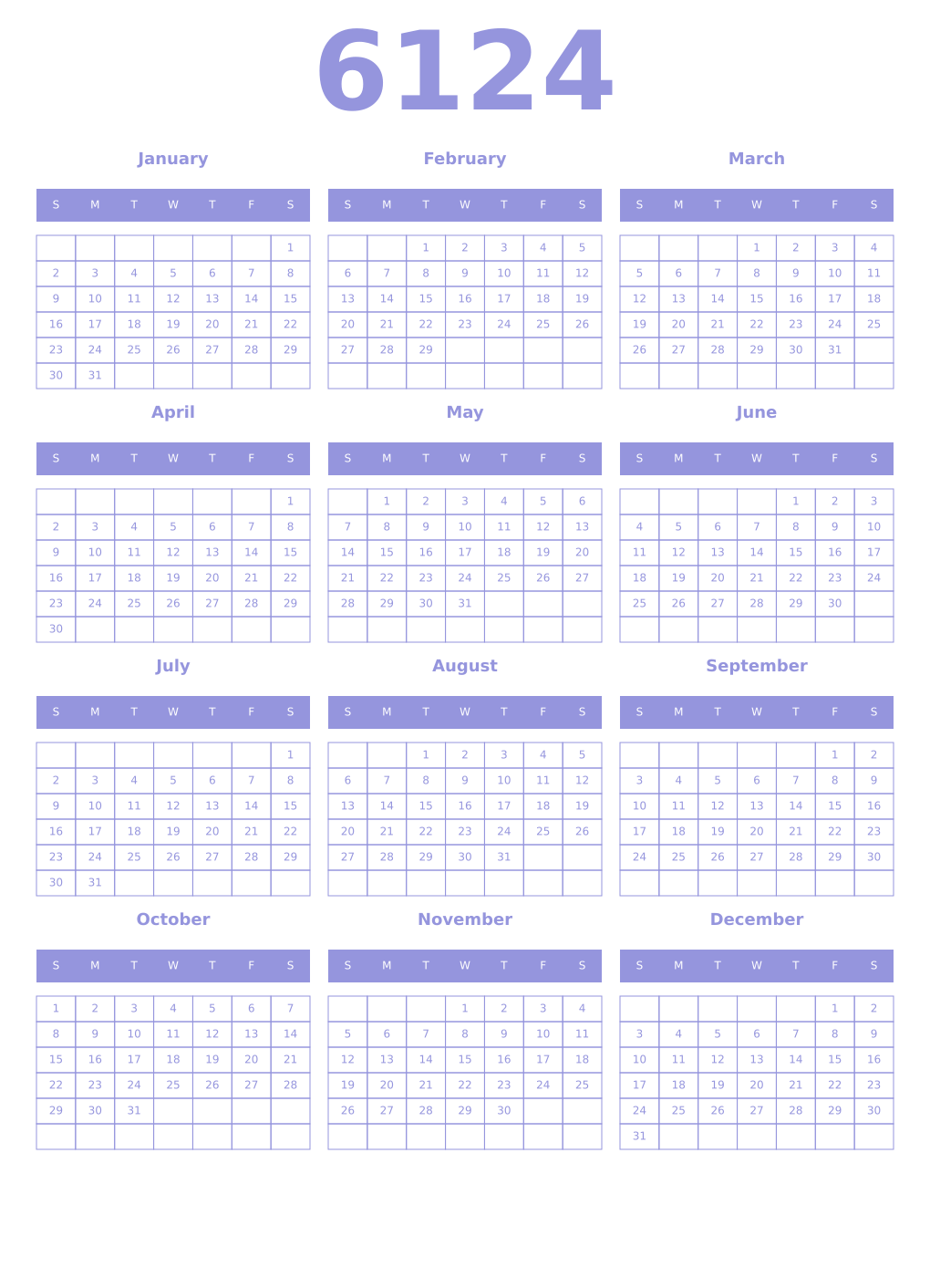 Printable 6124 Year Calendars periwinkle