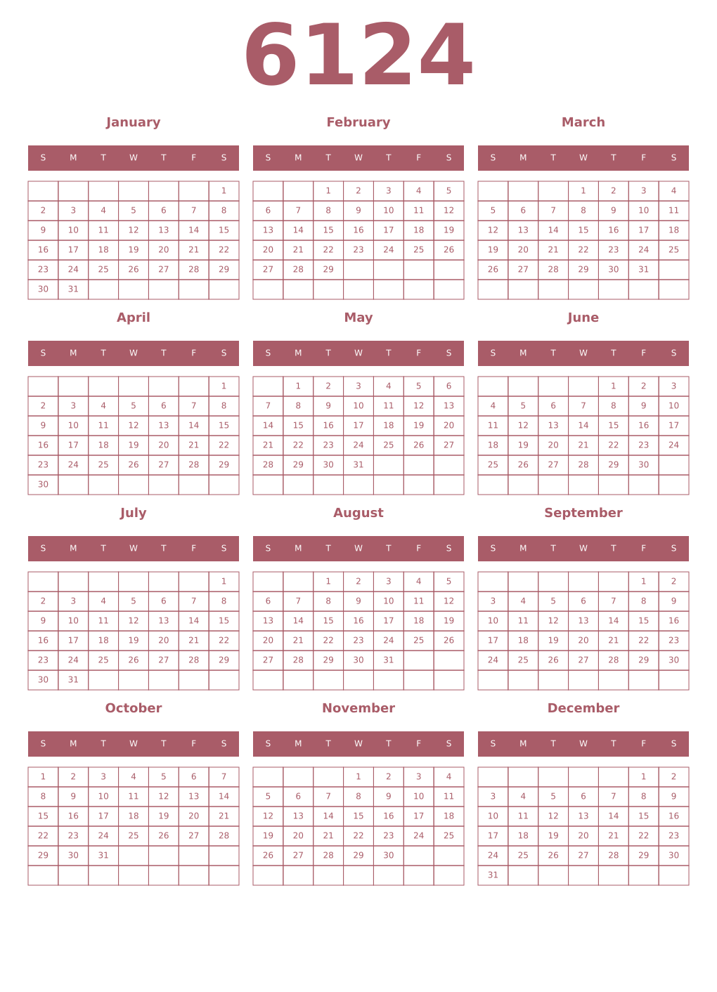 Printable 6124 Year Calendars puce