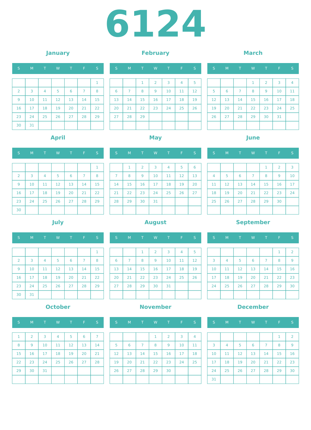 Printable 6124 Year Calendars verdigris