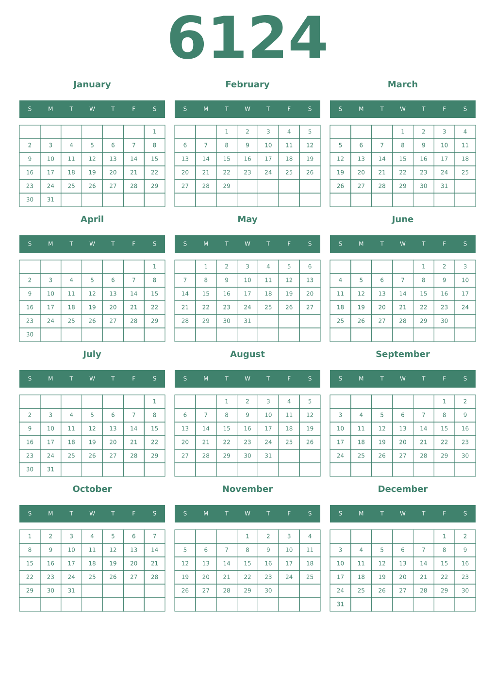 Printable 6124 Year Calendars viridian