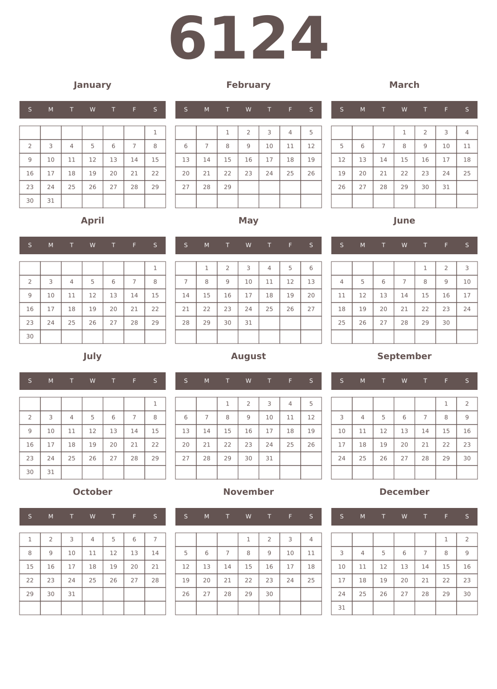 Printable 6124 Year Calendars wenge