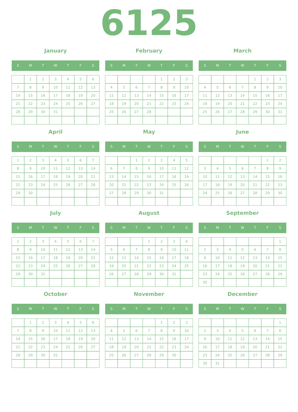 Printable 6125 Year Calendars celadon