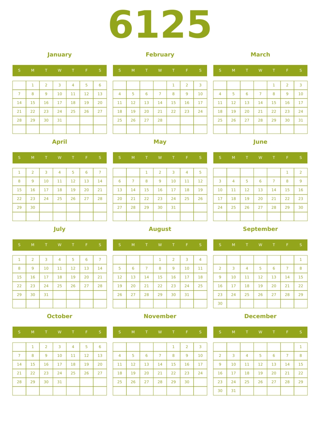 Printable 6125 Year Calendars chartreuse