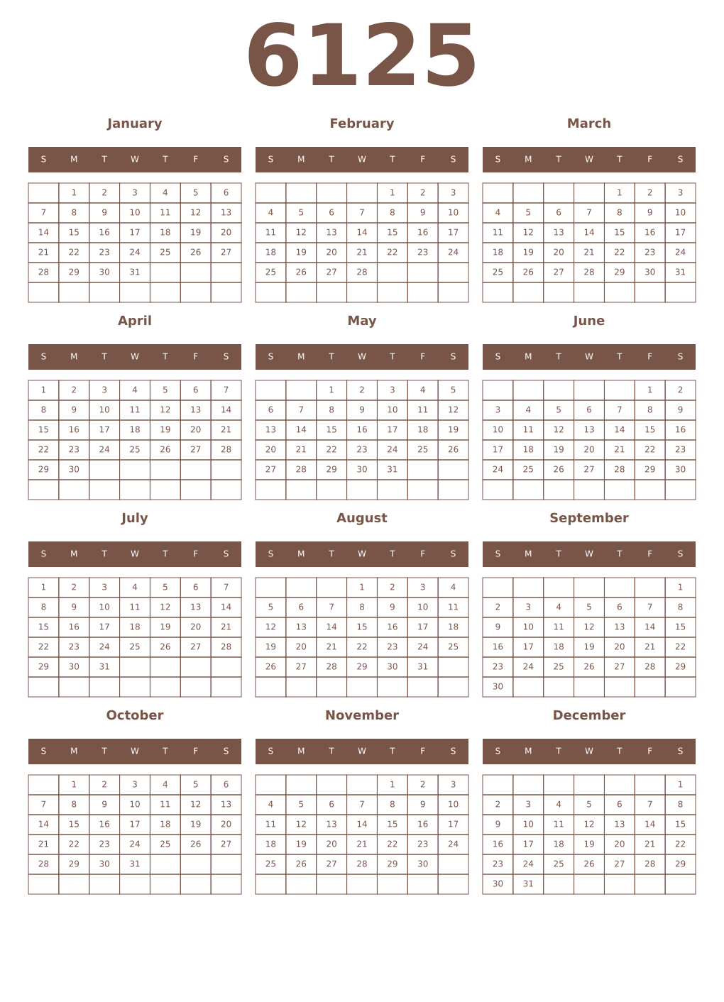 Printable 6125 Year Calendars coffe