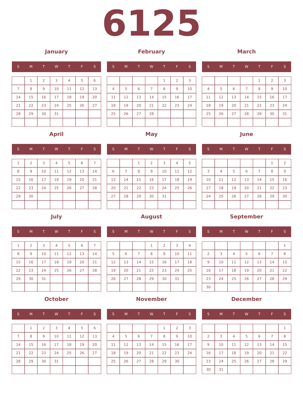 Printable 6125 Year Calendars cordovan