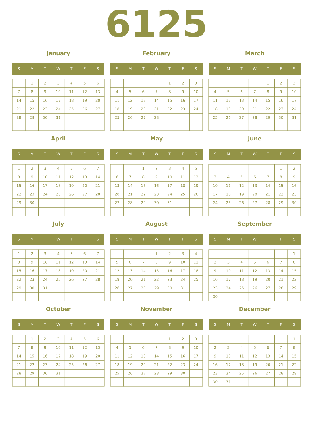 Printable 6125 Year Calendars eburnean