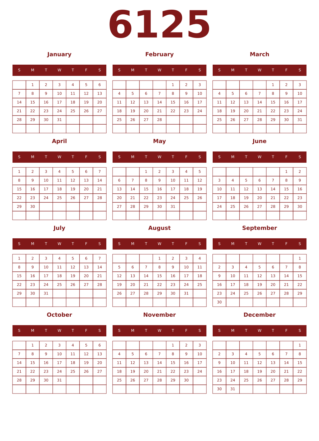 Printable 6125 Year Calendars falu