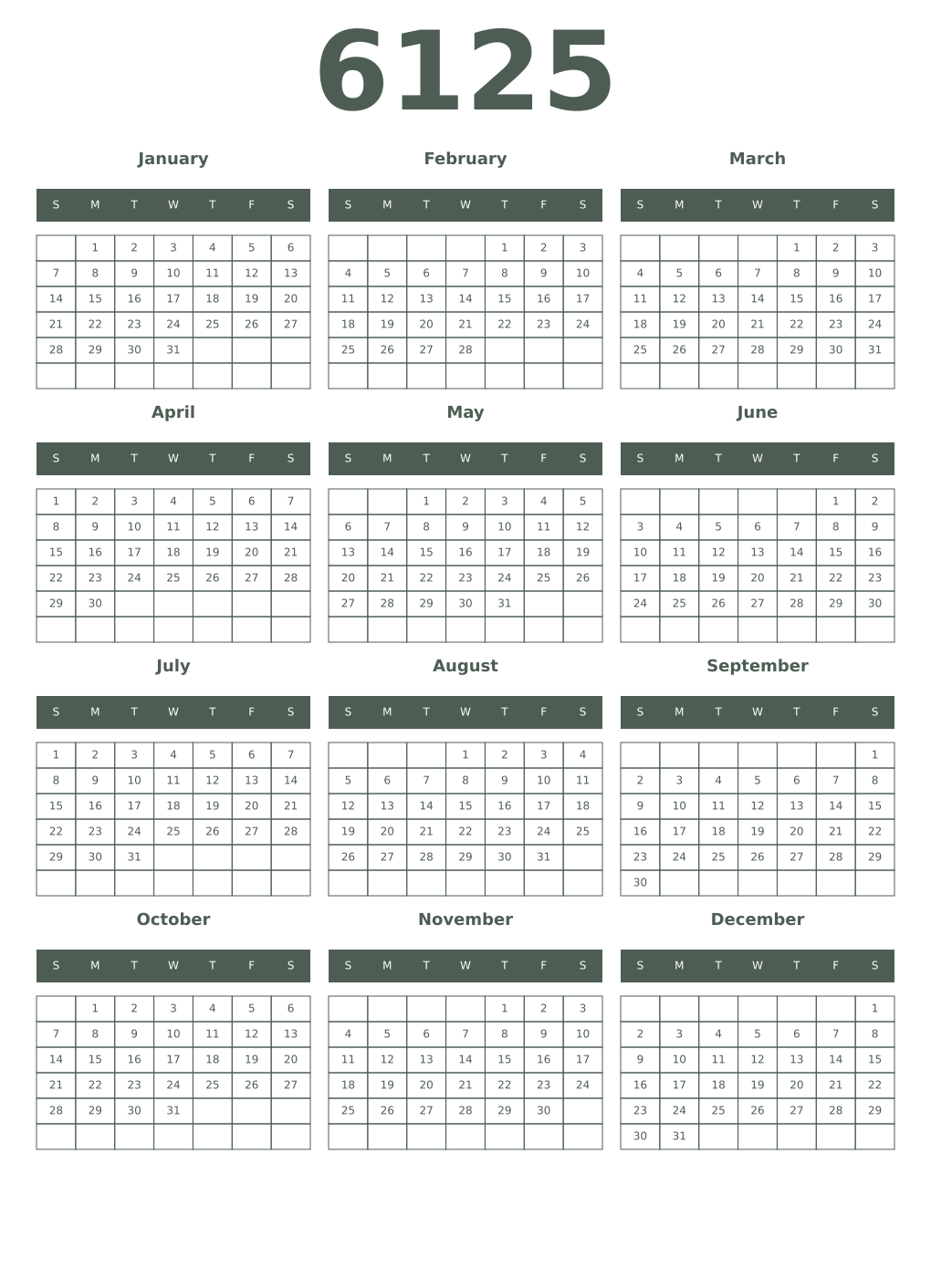 Printable 6125 Year Calendars feldgrau