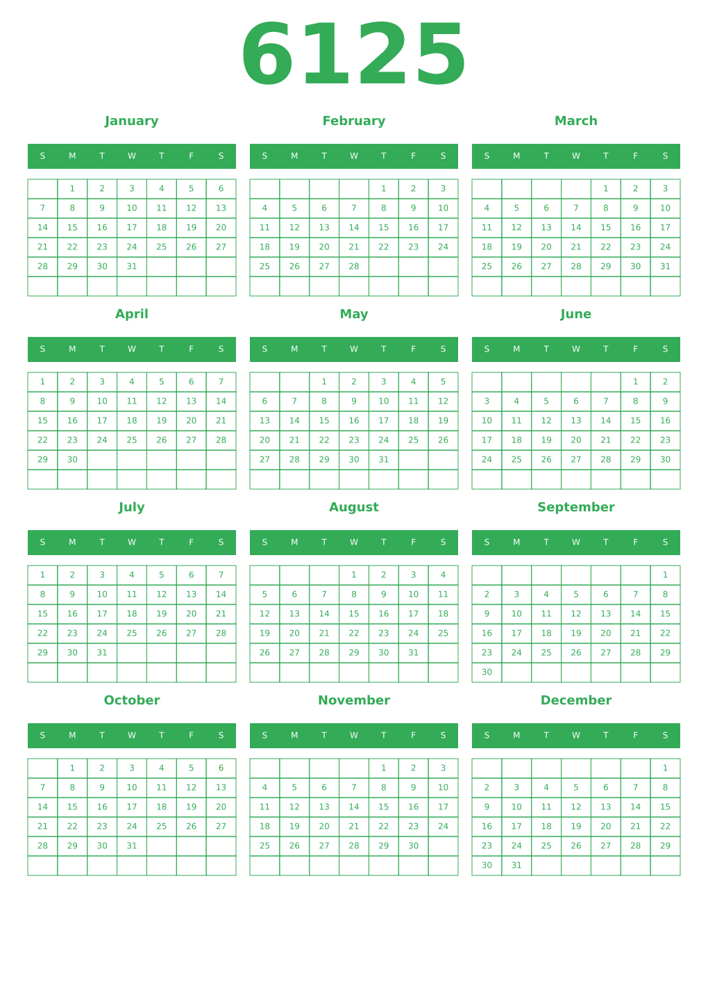 Printable 6125 Year Calendars green