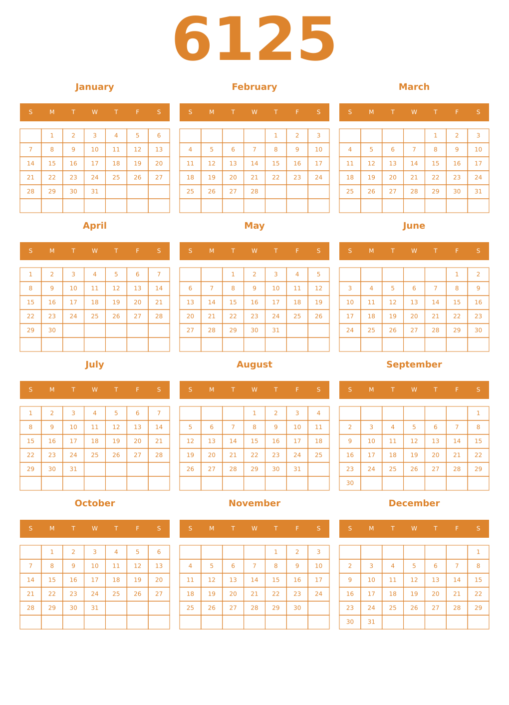 Printable 6125 Year Calendars orange