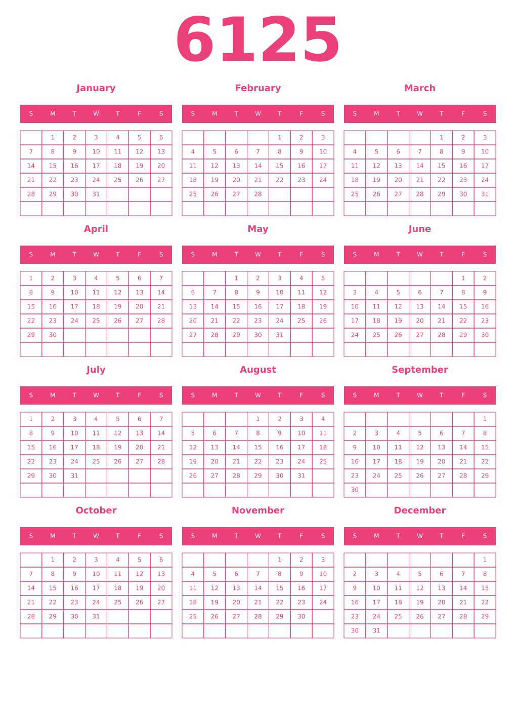 Printable 6125 Year Calendars pink