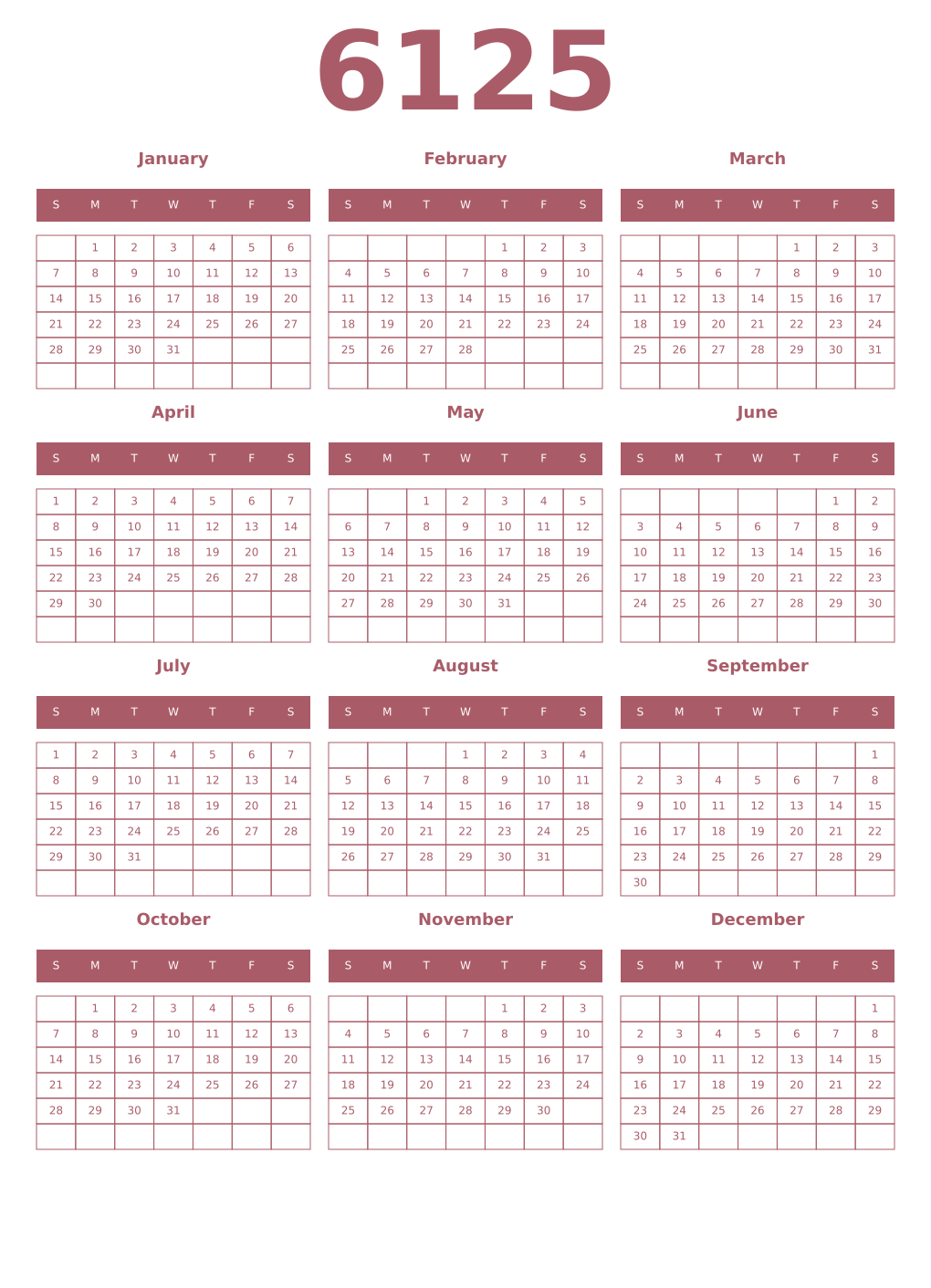 Printable 6125 Year Calendars puce