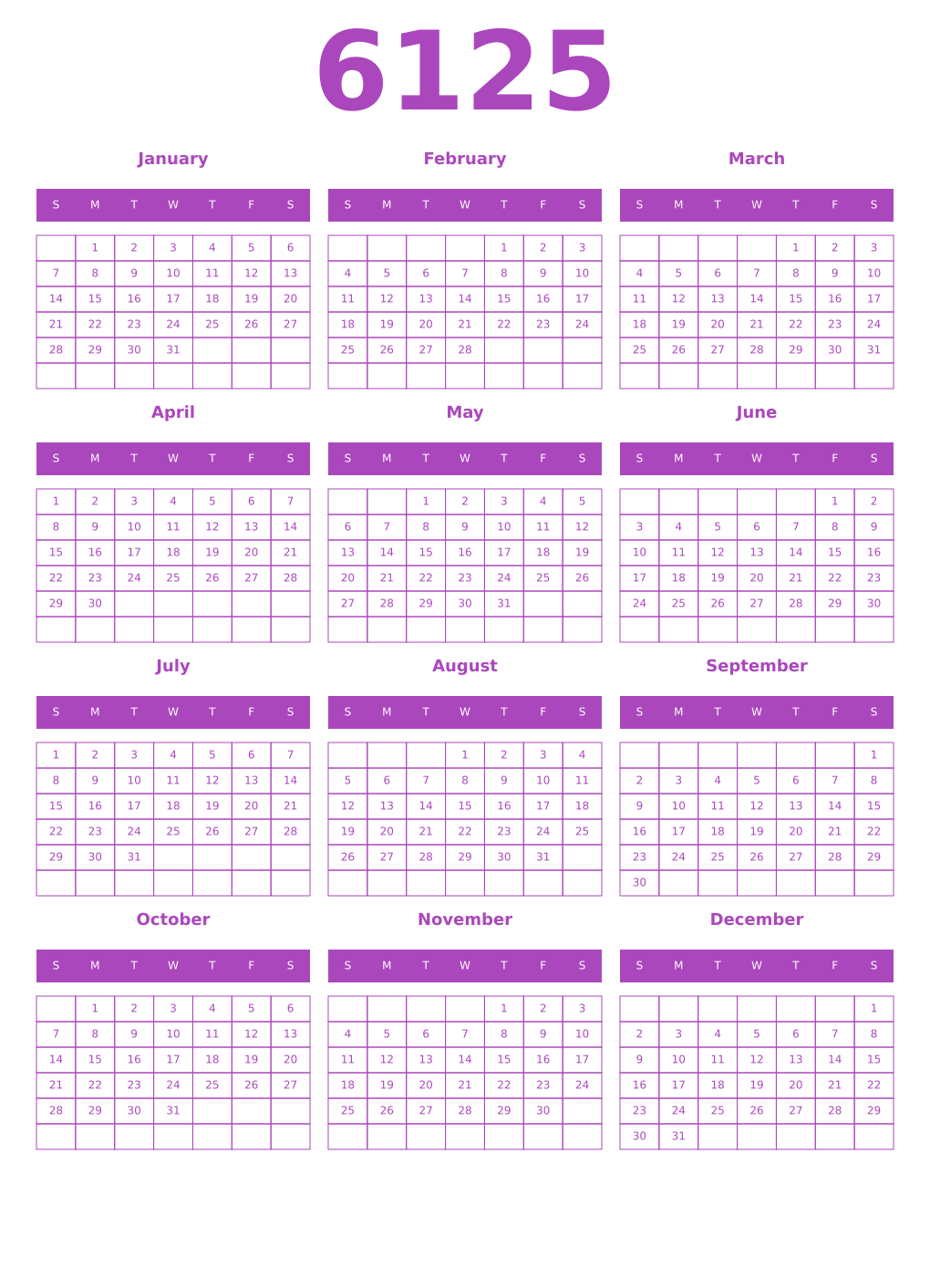 Printable 6125 Year Calendars purple